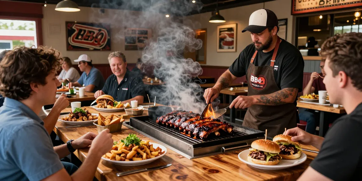 Delicious BBQ dishes at Calgary's best restaurant, featuring pulled pork poutine and grilled ribs in a lively setting.