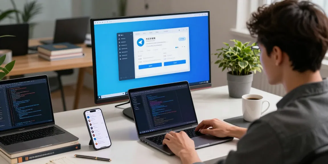 Setting up Telegram Chinese on a laptop in a modern workspace, featuring tech accessories and vibrant decor.