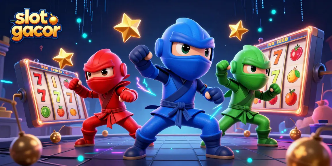 Engage with slot gacor fun in a vibrant 3D illustration with ninja chameleons and dynamic game elements.
