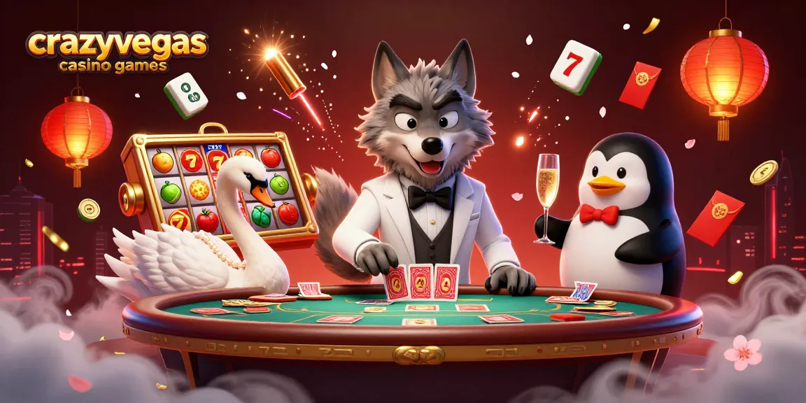 Experience the thrill of crazyvegas casino games with a lively illustration of a baccarat table and charming characters.