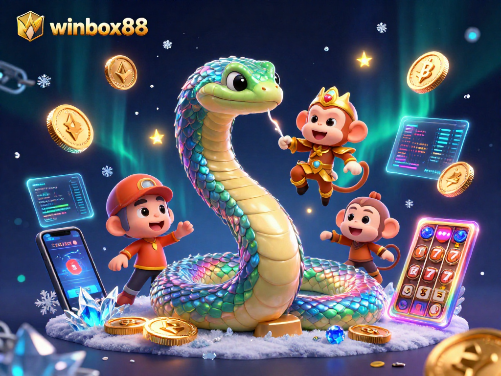 Engage in thrilling gaming with winbox88, featuring vibrant 3D serpent and monkey characters against a colorful online casino backdrop.