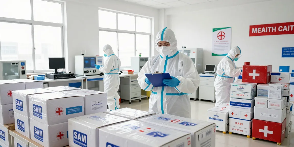 SAM Medical trauma kits being organized in a safe warehouse environment by professional staff.